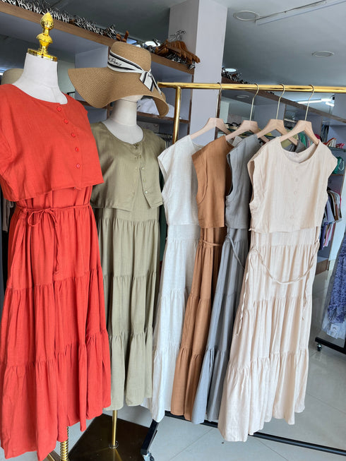 Linen Tiered Sundress With Crop Cardigan Sets